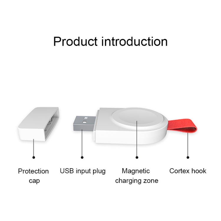 White magnetic charging dock with red strap, showing USB input and hook design