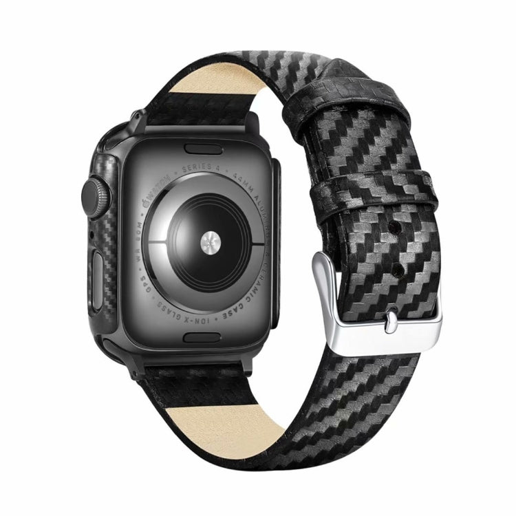 Carbon fiber leather Apple Watch strap shown with watch face, black