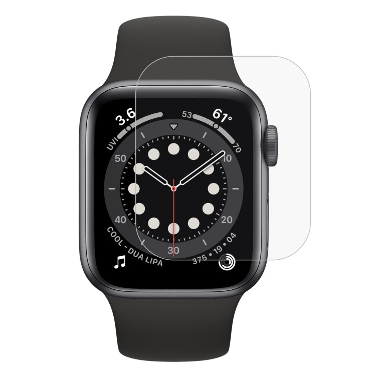 Tempered glass screen protector for a black Apple Watch, clear film covering display