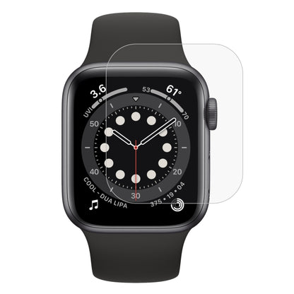 Tempered glass screen protector for a black Apple Watch, clear film covering display