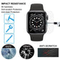 Clear tempered glass screen protector on black Apple Watch, impact-resistant design