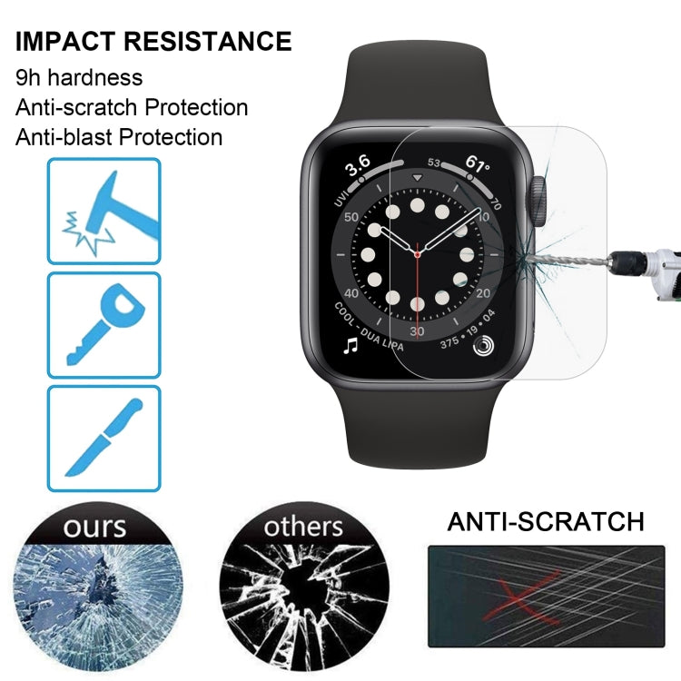 Clear tempered glass screen protector on black Apple Watch, impact-resistant design