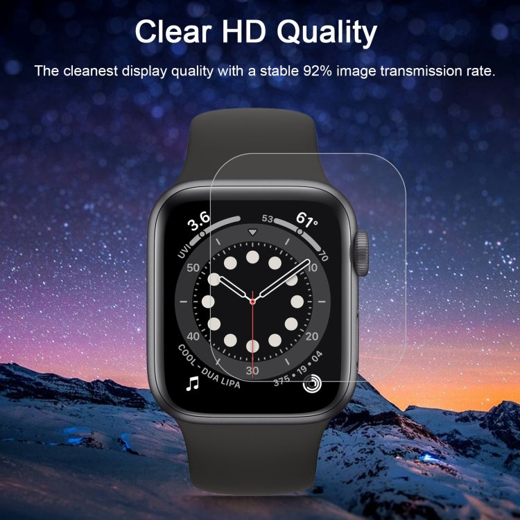 Clear HD tempered glass screen protector on black Apple Watch, full front coverage