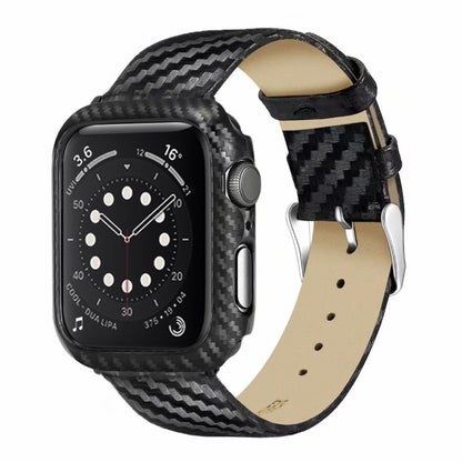 Carbon-fiber watch case with black leather strap and buckle, 42mm
