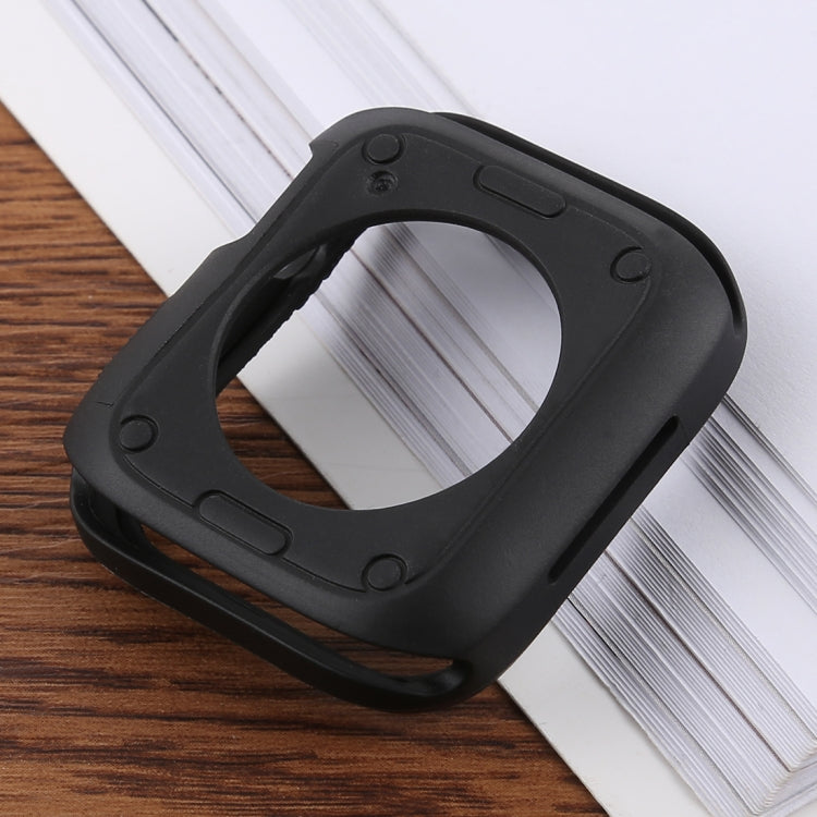 Black silicone full-coverage Apple Watch case, angled view of front opening
