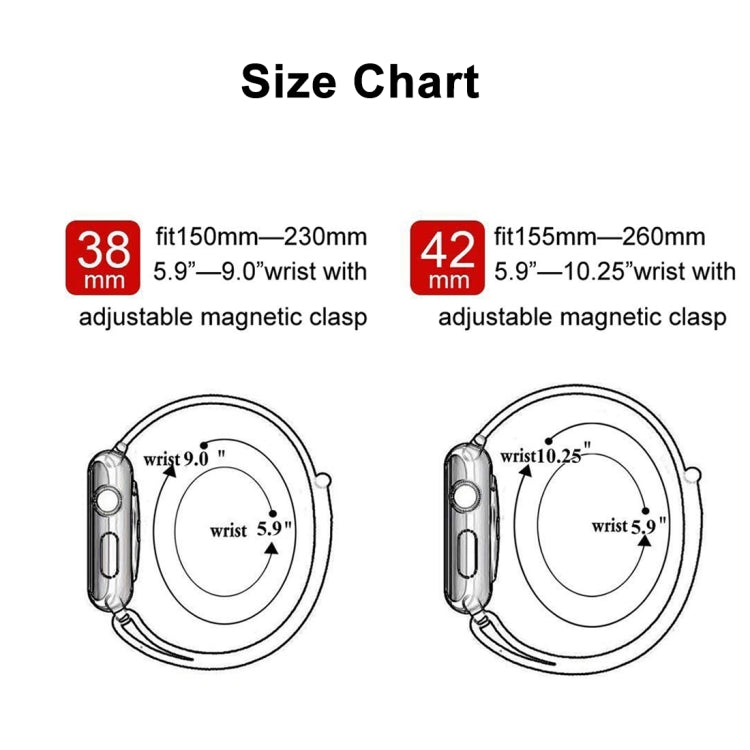 Watch band size chart diagram for 38mm and 42mm fit ranges