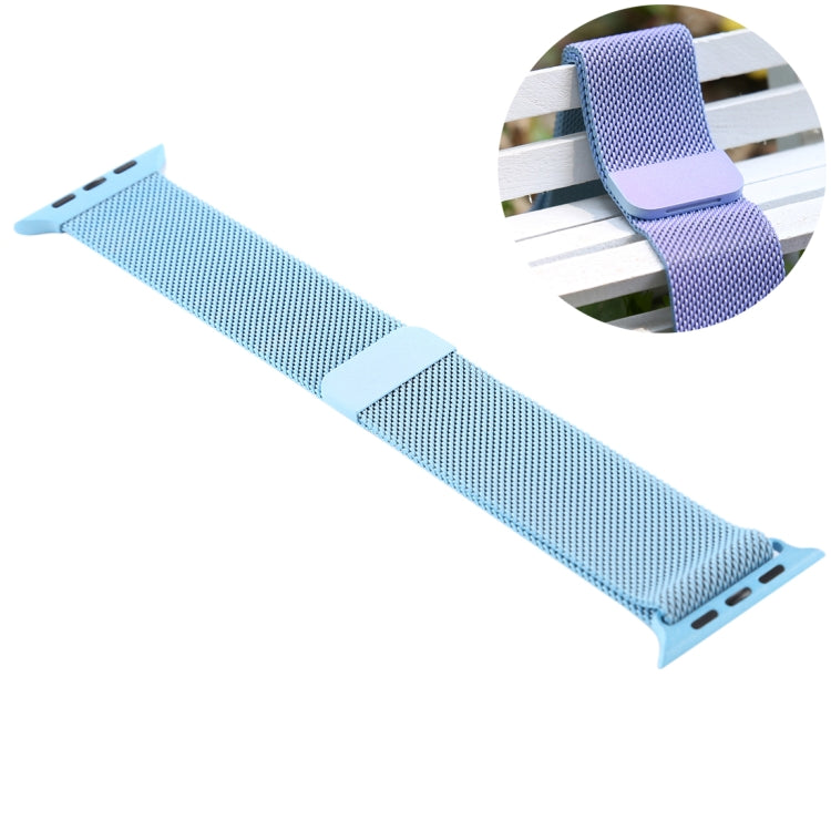 Light blue woven nylon magnetic watch band with clasp; inset shows purple tone