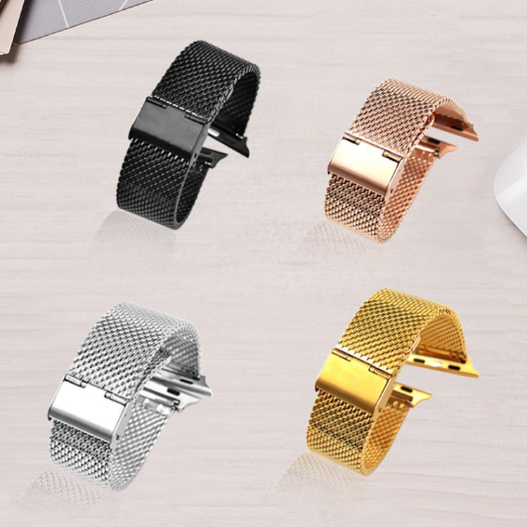 Milanese stainless steel watch bands with connectors in black, silver, and gold