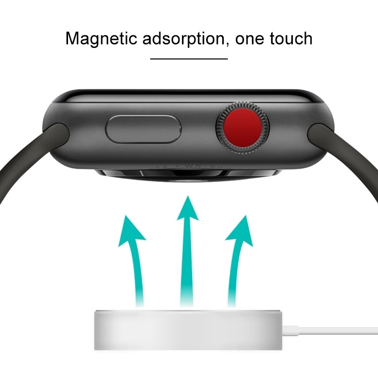 Black smartwatch charging puck with red control dial and upward charging airflow arrows