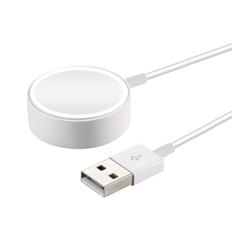 White magnetic wireless watch charger puck with USB-A charging cable