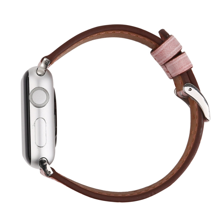 Genuine leather Apple Watch band, pink strap with brown back and silver buckle on case