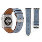 Blue genuine leather Apple Watch band with silver buckle and stitched holes, 38mm