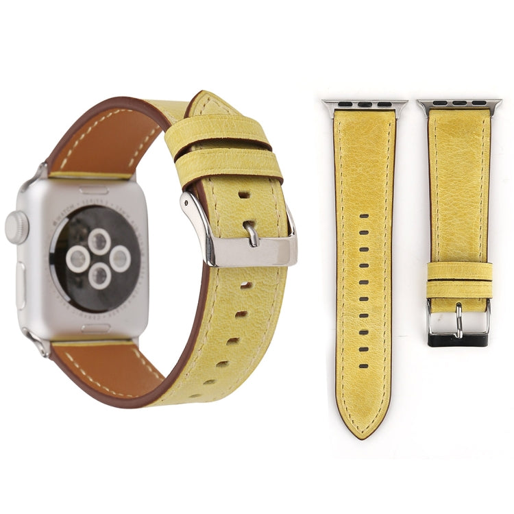 Yellow genuine leather Apple Watch band with silver buckle and stitched holes, 38mm