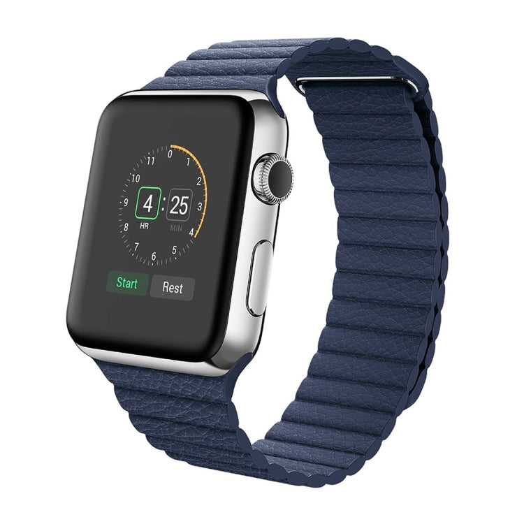 Dark blue PU leather loop watch band on Apple Watch, magnetic clasp