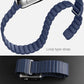 Dark blue loop strap watch band with metal clasp and textured fabric weave