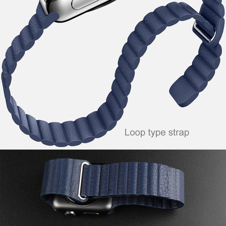 Dark blue loop strap watch band with metal clasp and textured fabric weave