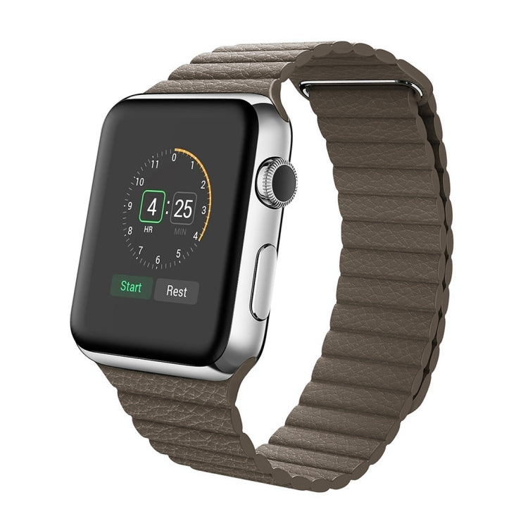 Brown PU leather loop watch band with magnetic clasp, smartwatch display visible