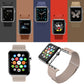 Multi-color loop watch bands with Apple Watch displays and clasp hardware shown