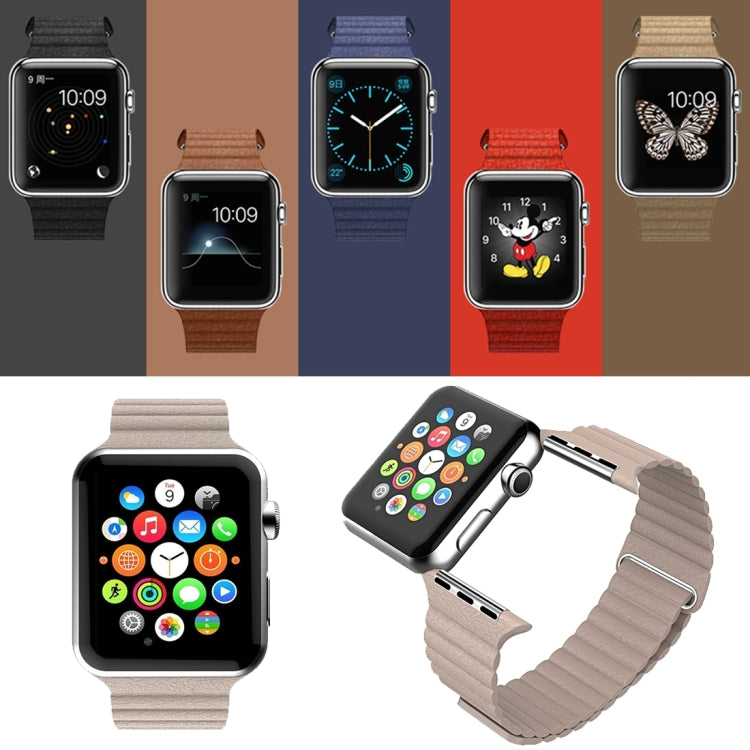 Multi-color loop watch bands with Apple Watch displays and clasp hardware shown
