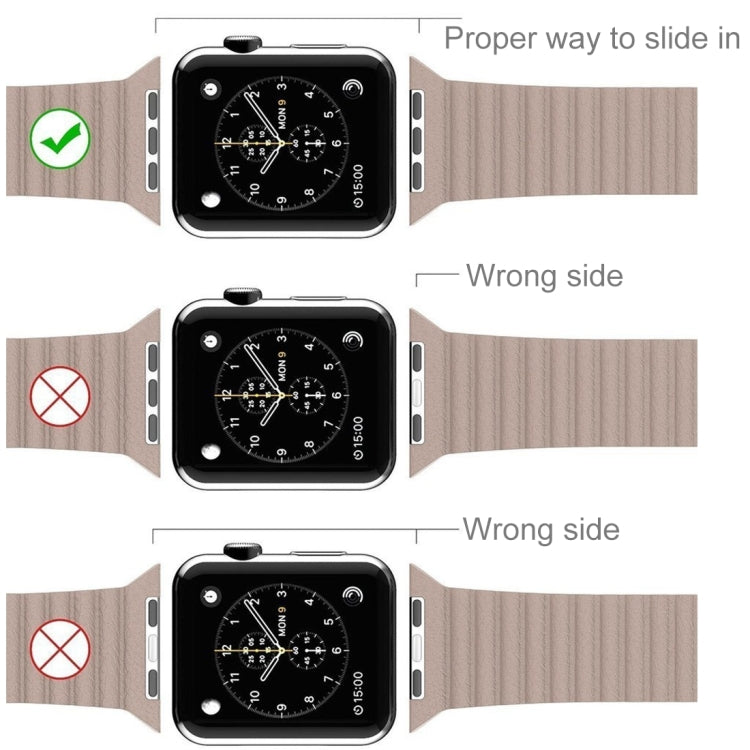 Brown loop watch band shown with proper fit versus wrong-side alignment on watch