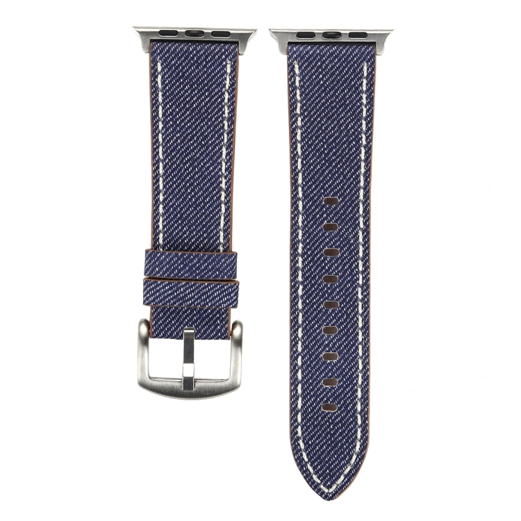 38mm dark blue denim-style Apple Watch band with silver clasp and lined stitch holes