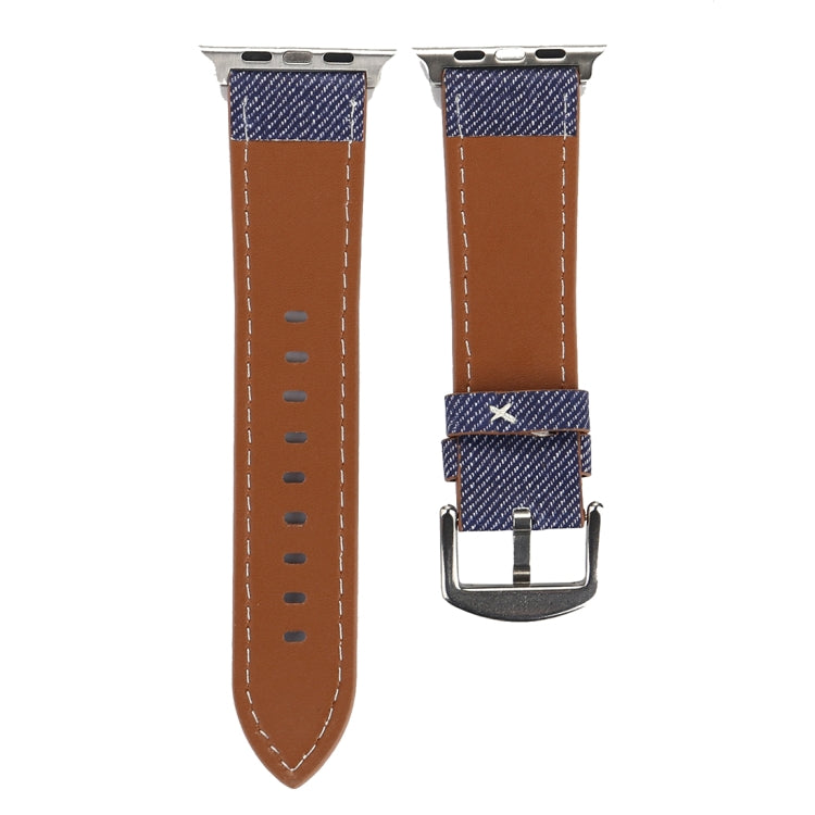 38mm dark blue denim-style watch band with tan leather backing and silver buckle