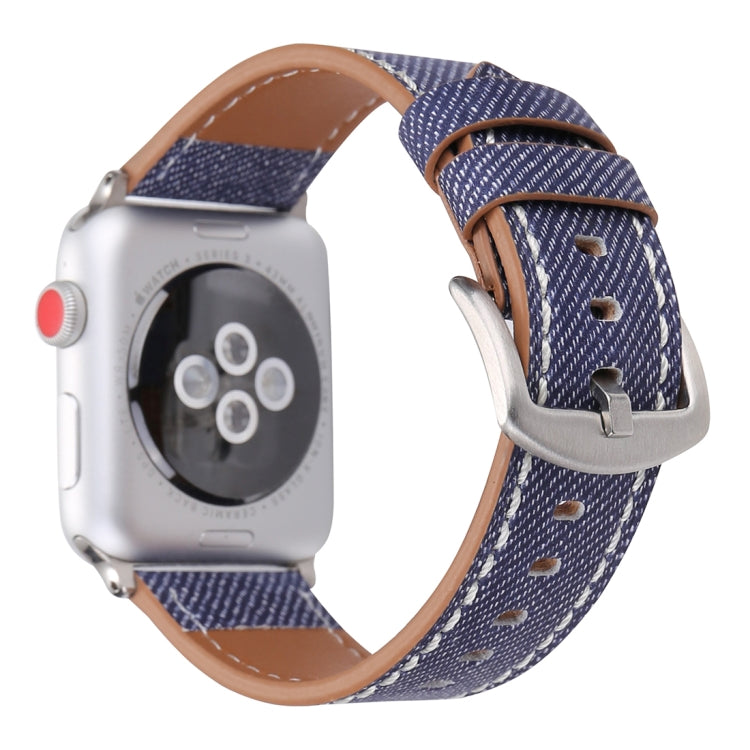 38mm dark blue denim-style leather watch band with silver buckle and tan strap lining