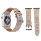 38mm beige textured Apple Watch leather band with tan stitching and silver buckle