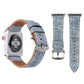 Blue cowboy-pattern watch band with brown leather strap and metal buckle for Apple Watch