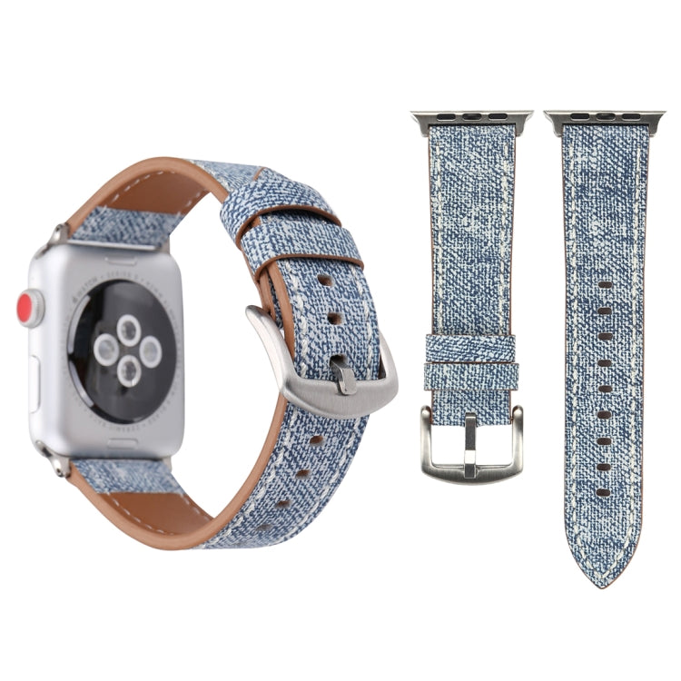 Blue cowboy-pattern watch band with brown leather strap and metal buckle for Apple Watch