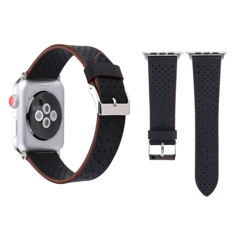 Genuine leather watch band with perforated holes and metal buckle, dark brown/black