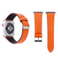 Genuine leather watch band with perforated holes and metal buckle, orange/black