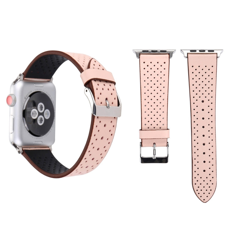 Genuine leather watch band with perforated pattern, pink strap and metal buckle, 42mm