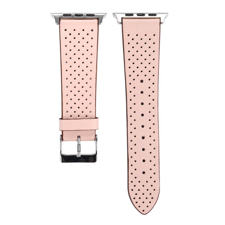 Genuine leather watch band with perforated pattern, light pink strap and metal buckle