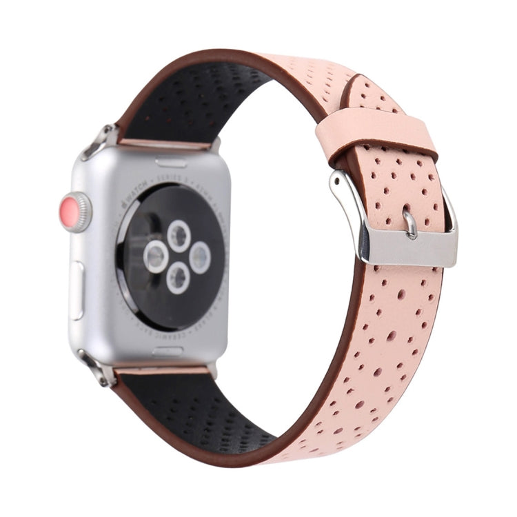 Genuine leather watch band with perforated pattern, light pink strap with metal buckle