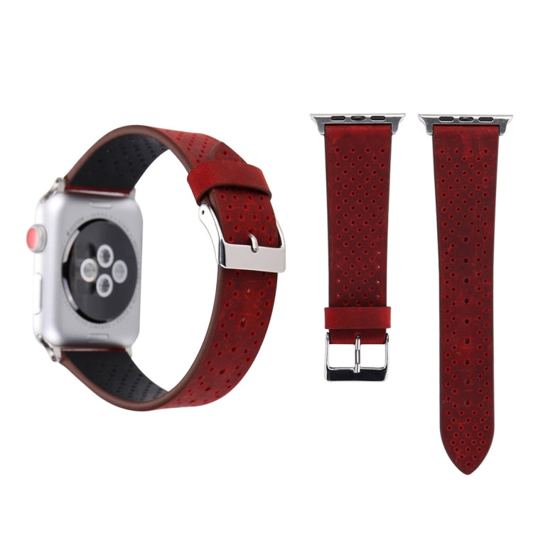 Genuine leather watch band with perforated pattern, red strap and metal buckle