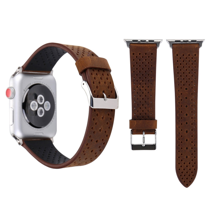 Genuine leather watch band with perforated pattern, brown strap and metal buckle
