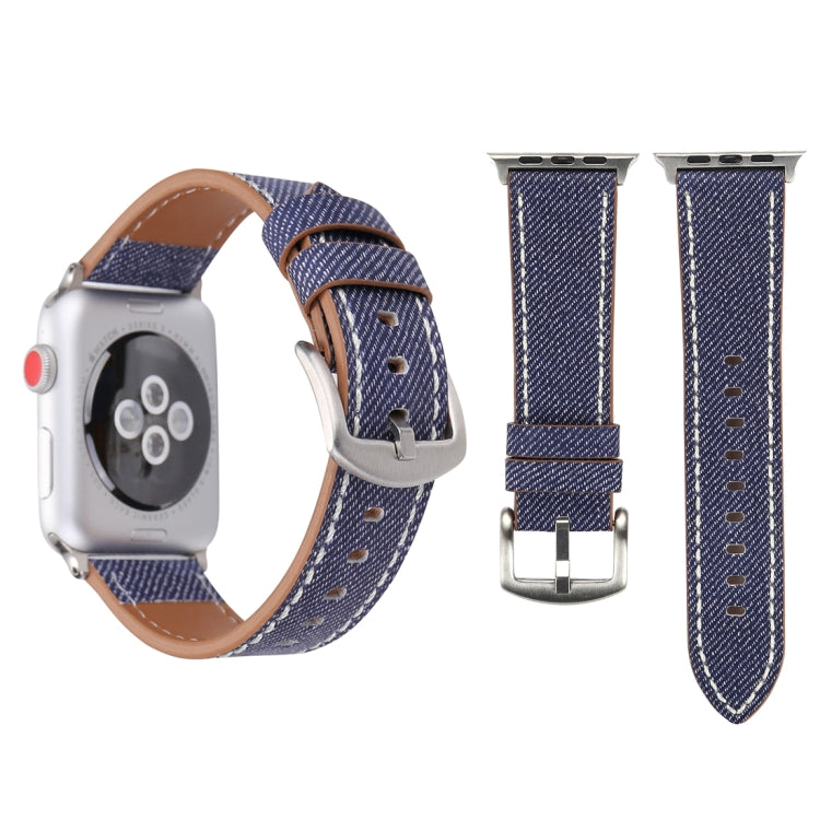 Blue woven watch band with tan leather lining, metal buckle and stitched detail for Apple Watch