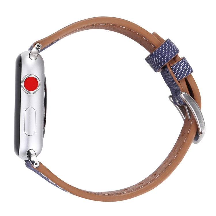 Blue woven watch band wrapped around a silver watch case, tan underside and metal buckle