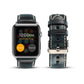 Dark blue leather Apple Watch band with metal buckle and stitched perforated strap