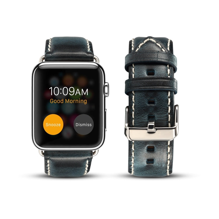 Dark blue leather Apple Watch band with metal buckle and stitched perforated strap