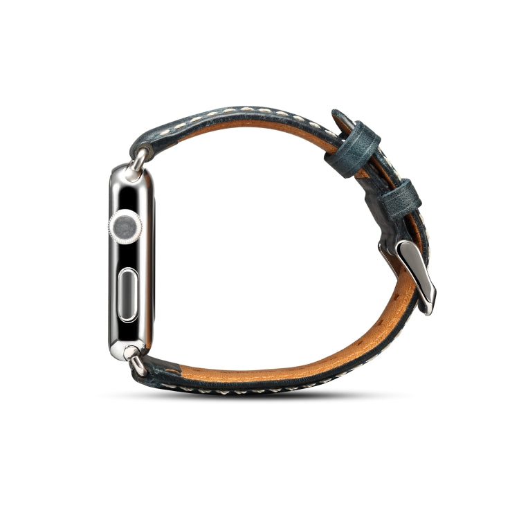 Brown leather watch band with metal buckle, perforated strap and stitched edges