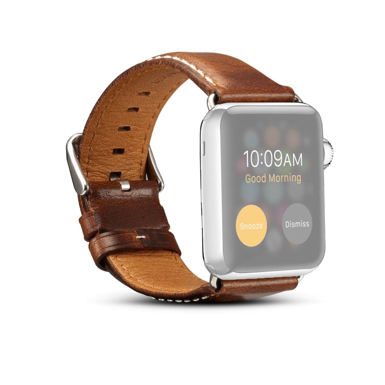 Brown leather watch band with metal buckle, perforated strap and stitched edges