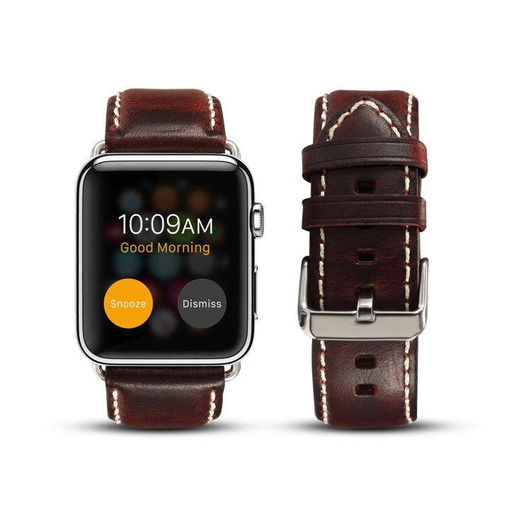 Brown leather Apple Watch band with metal buckle, front and back strap views