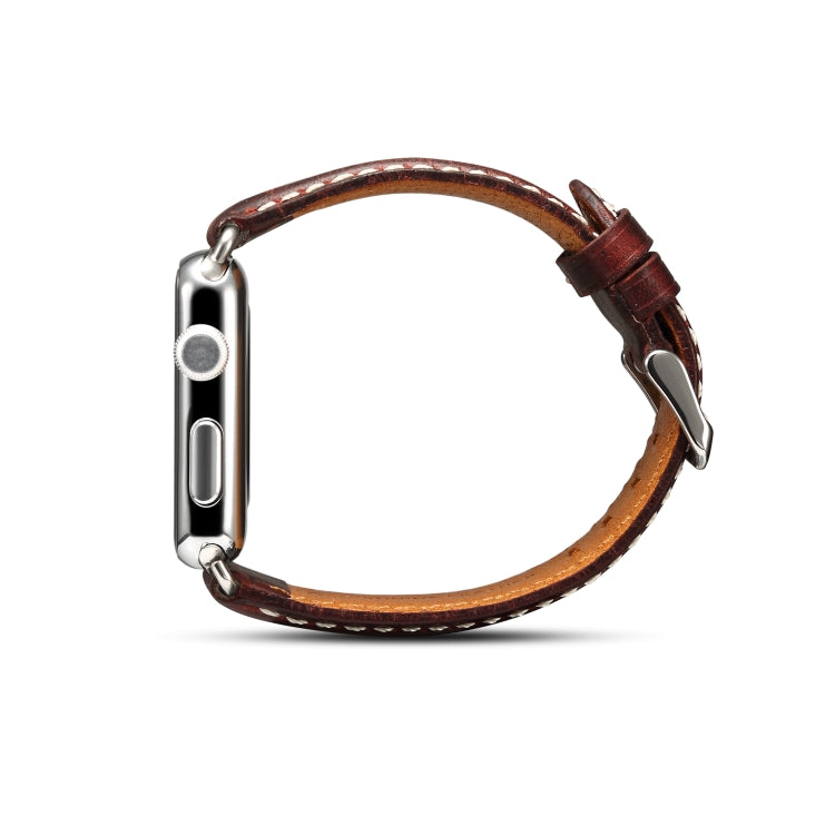Brown leather watch band with metal connector lugs and stitched strap edge