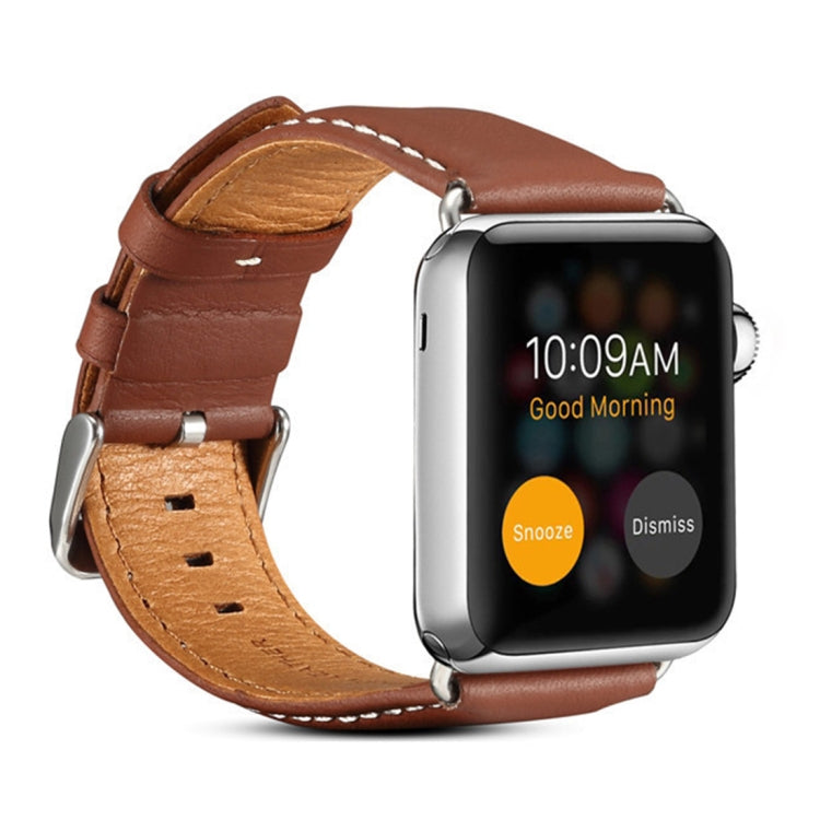 Denior leather watch band for Apple Watch, brown with silver buckle and stitching.