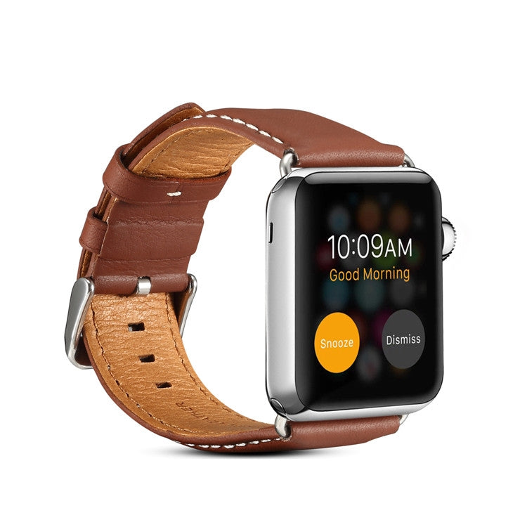 Denior leather watch band for Apple Watch, brown curved strap with silver hardware.