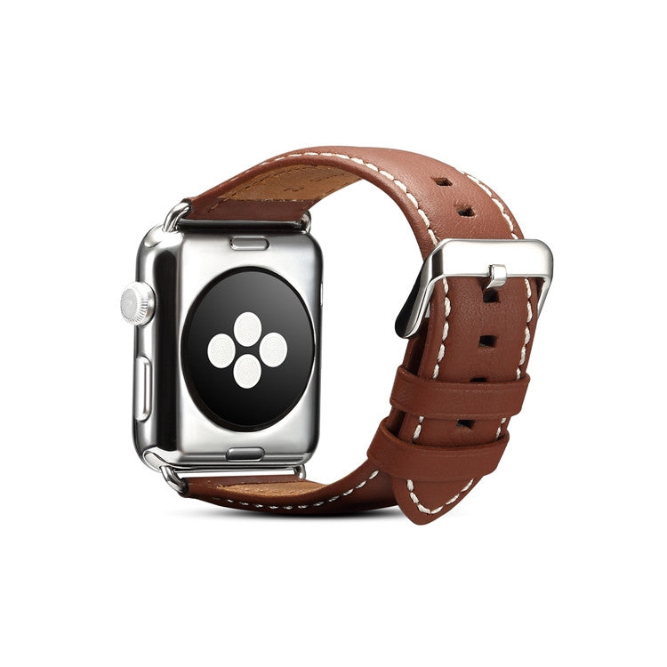 Denior leather watch band, brown with metal buckle and secure strap on watch.