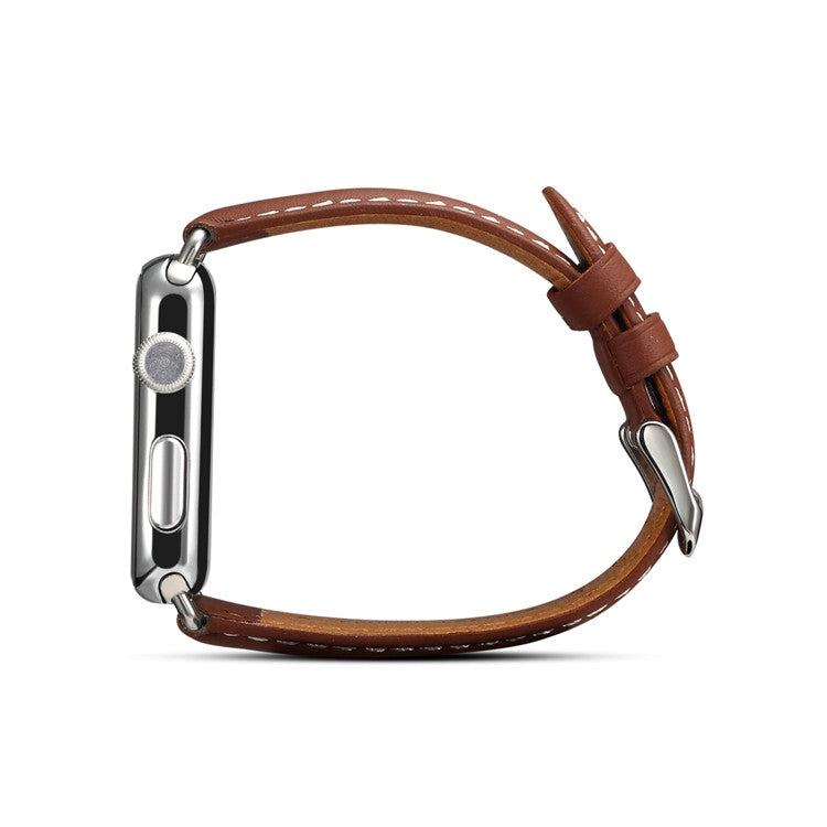Denior leather watch band, brown side view with silver clasp and strap lugs.