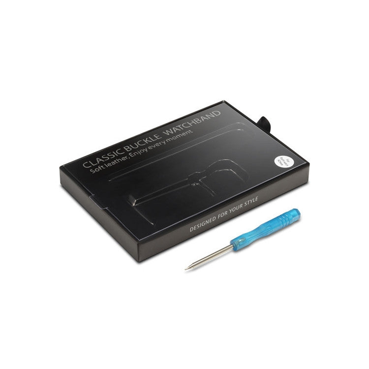 Watch band packaging box with small accessories and tool, including leather strap.